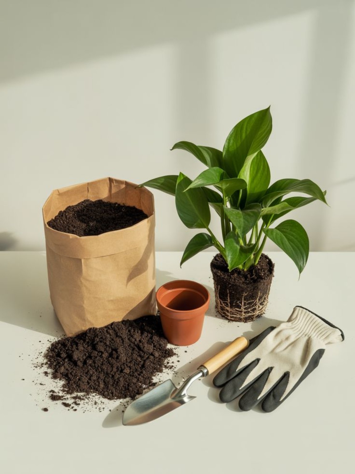 Planta verde com vaso, substrato, pá e luvas de jardinagem